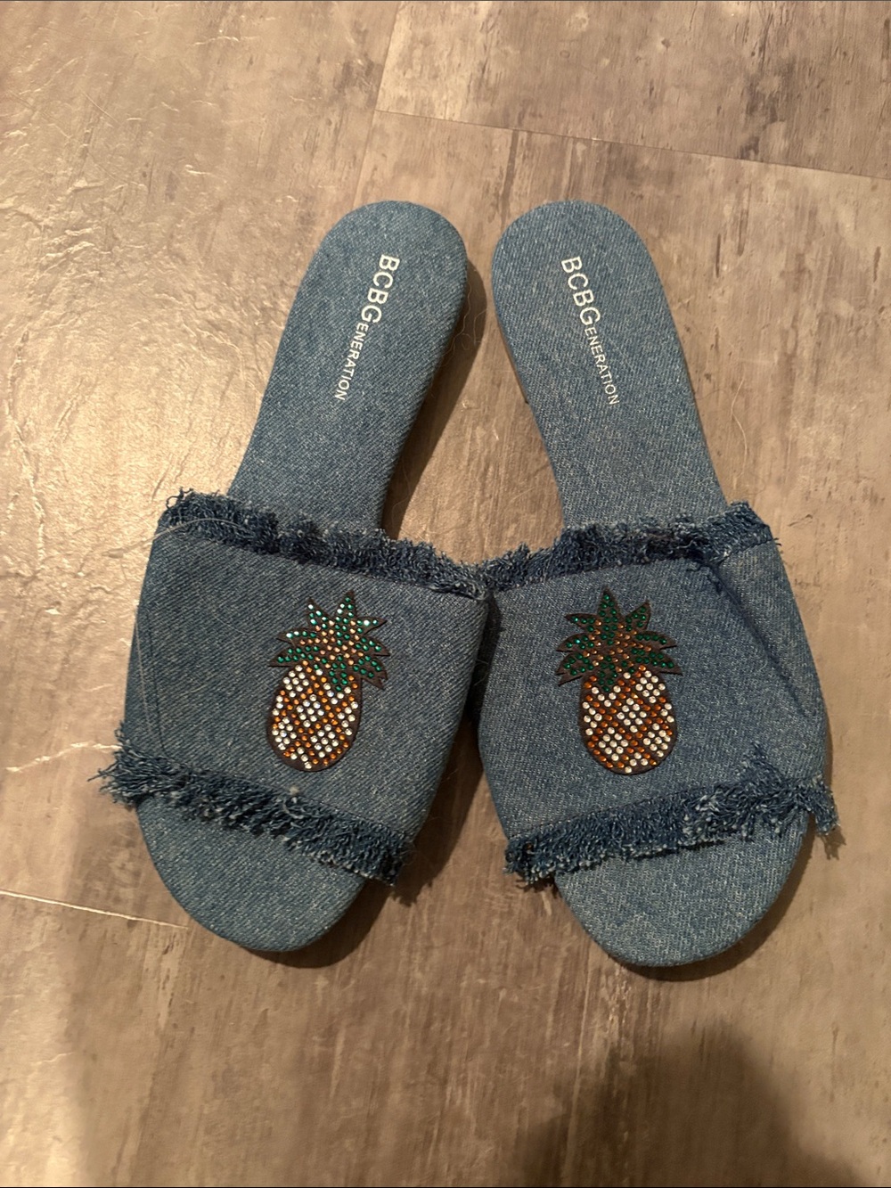 BCBGeneration Denim Slide Sandals with Pineapple Embellishments - Blue